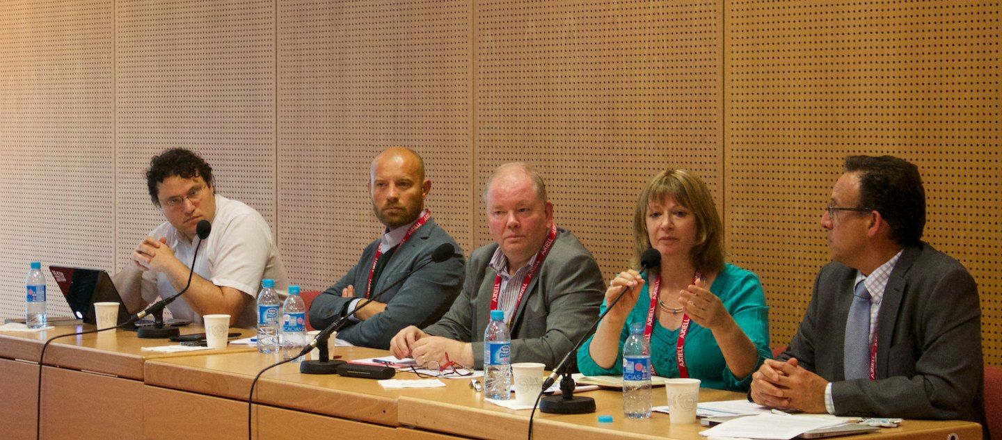 v.l.n.r.: Lionel Maurel (Bibliothèque de Documentation Internationale Contemporaine und Mitglied von La Quadrature du Net), Marco Pancini (Google), Martyn Wade (Leitung, FAIFE), Louise Cook (Loughborough University) und David Greene (Electronic Frontier Foundation)